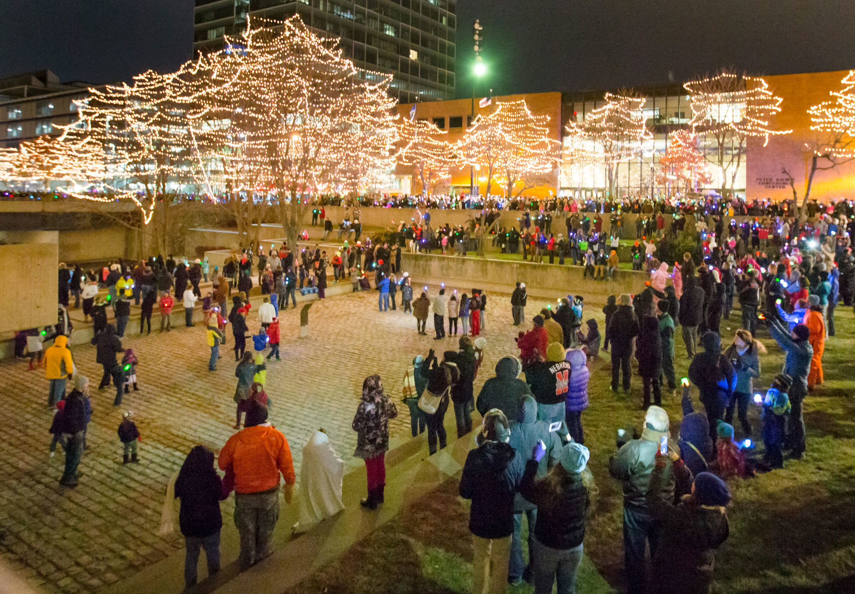 Spectators view the lights as they are turned on during the Holiday Lights Festival in the Gene Leahy Mall on Nov. 27, 2014.